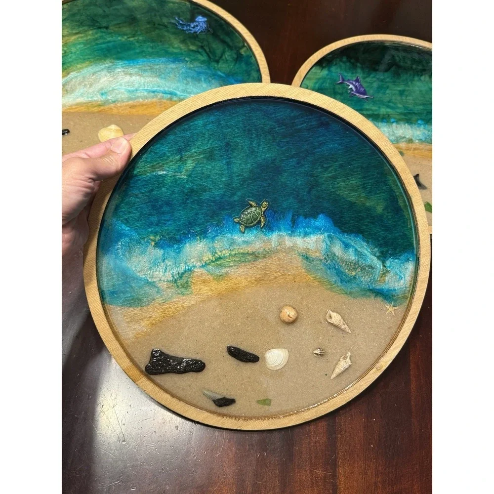 Handmade Resin Beach Tray Ocean Vibes ‎ Epoxy Art   Decor Lot Of 3